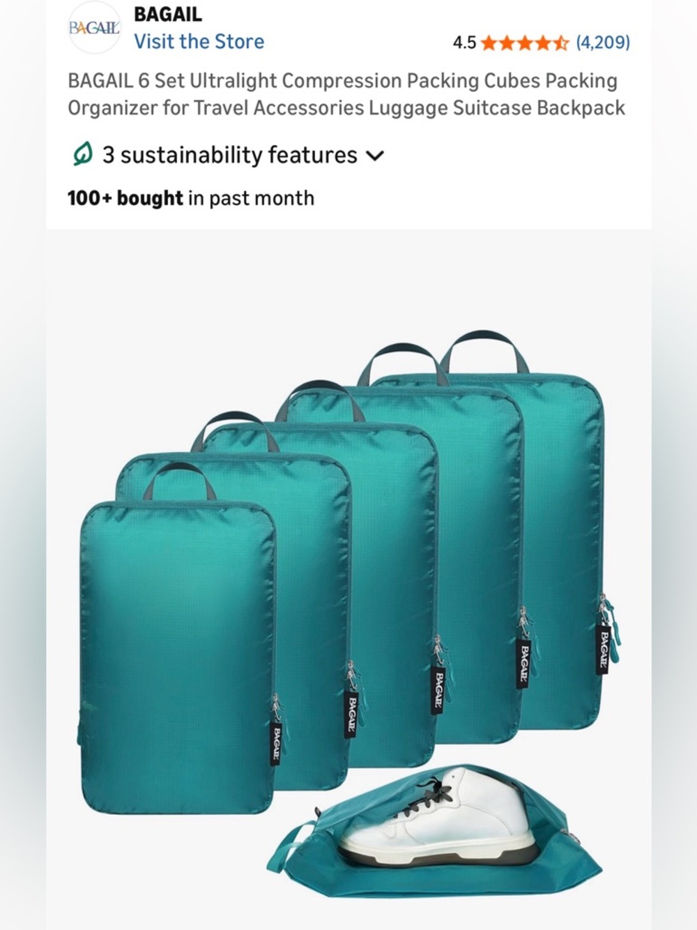 Bagail 6 piece packing cube set. Teal